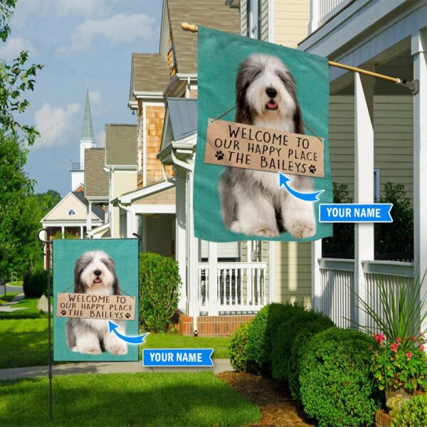 Old English Sheepdog-Welcome To Our Happy Place Personalized Flag – Custom Dog Flags – Dog Lovers Gifts for Him or Her