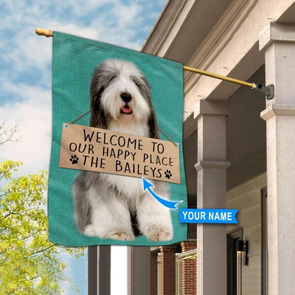 Old English Sheepdog-Welcome To Our Happy Place Personalized Flag – Custom Dog Flags – Dog Lovers Gifts for Him or Her