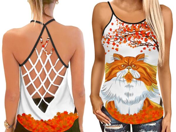 Orange Cat On Leaves Open Back Camisole Tank Top – Fitness Shirt For Women – Exercise Shirt