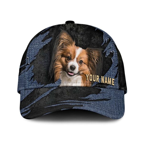 Papillon Dog Jean Background Custom Name & Photo Dog Cap – Classic Baseball Cap All Over Print – Gift For Dog Lovers
