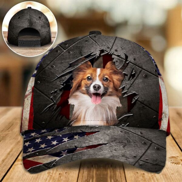Papillon On The American Flag Cap Custom Photo – Hats For Walking With Pets – Gifts Dog Hats For Relatives