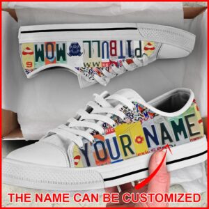 Personalized Pitbull Mom License Plate Low Top Sneaker – Dog Walking Shoes Men Women – Best Shoes For Dog Lover
