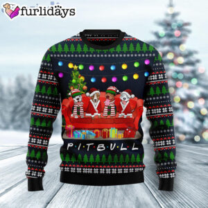 Pit Bull Friends On Red Sofa Dog Lover Ugly Christmas Sweater Christmas Outfits Gift 1