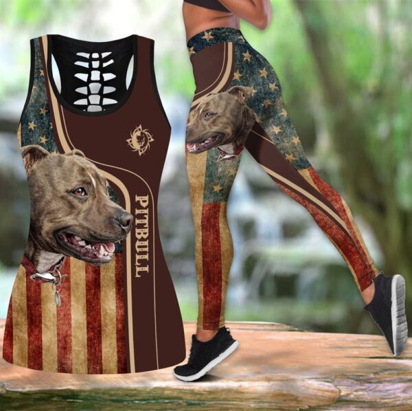 Pitbull With Amrecican Flag Combo Leggings And Hollow Tank Top – Workout Sets For Women – Gift For Dog Lovers
