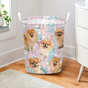 Pomeranian In Summer Tropical With Leaf Seamless Laundry Basket Dog Laundry Basket Christmas Gift For Her Home Decor 2