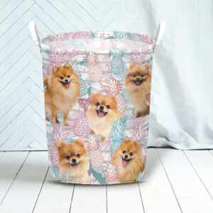 Pomeranian In Summer Tropical With Leaf Seamless Laundry Basket Dog Laundry Basket Christmas Gift For Her Home Decor 3