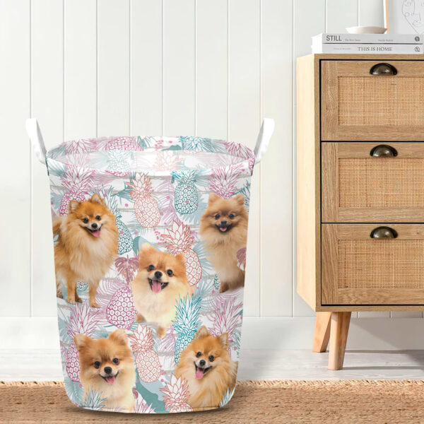 Pomeranian In Summer Tropical With Leaf Seamless Laundry Basket – Dog Laundry Basket – Christmas Gift For Her – Home Decor