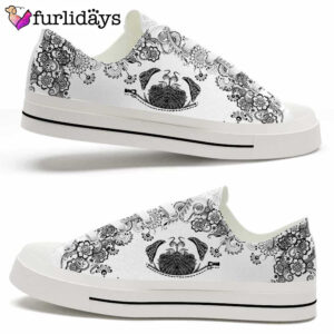 Pug Black White Flowers Low Top Shoes 1