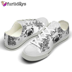 Pug Black White Flowers Low Top Shoes 2
