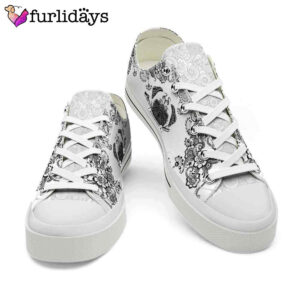 Pug Black White Flowers Low Top Shoes 3