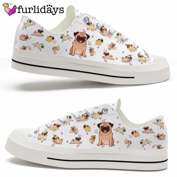 Pug Cute Hearts Flowers Pattern Low Top Shoes  – Happy International Dog Day Canvas Sneaker – Owners Gift Dog Breeders