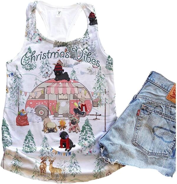 Pug Dog Snow White Christmas Vibes Tank Top – Summer Casual Tank Tops For Women – Gift For Young Adults