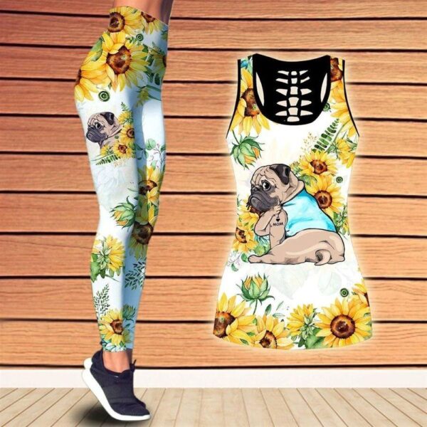 Pug Dog Sunflower  Funny Combo Leggings And Hollow Tank Top – Workout Sets For Women – Gift For Dog Lovers