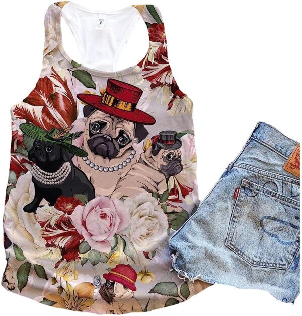 Pug Dog Vintage Floral 80s Tank Top – Summer Casual Tank Tops For Women – Gift For Young Adults
