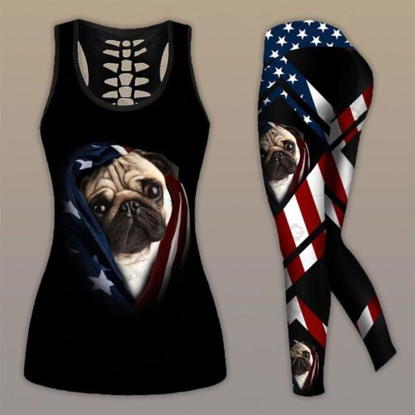 Pug Dog With American Flag Combo Leggings And Hollow Tank Top – Workout Sets For Women – Gift For Dog Lovers