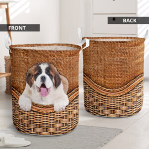 Puppy St.Bernard Rattan Texture Laundry Basket – Dog Laundry Basket – Christmas Gift For Her – Home Decor