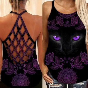 Purple Eyed Black Cat Criss Cross Tank Top – Women Hollow Camisole – Gift For Cat Lover