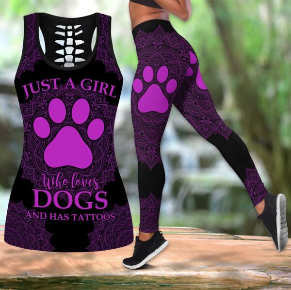 Purple Girl Loves Dogs Tattoos Combo Leggings And Hollow Tank Top – Workout Sets For Women – Gift For Dog Lovers