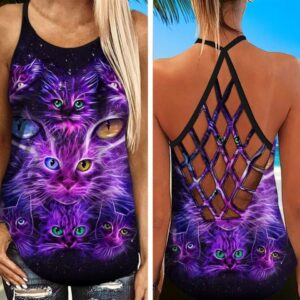 Purple Neon Cat Criss Cross Tank Top – Women Hollow Camisole – Gift For Cat Lover