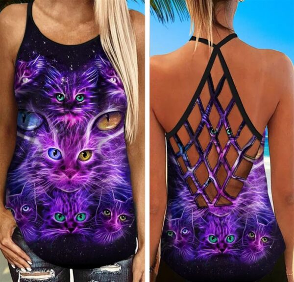 Purple Neon Cat Criss Cross Tank Top – Women Hollow Camisole – Gift For Cat Lover