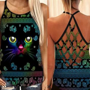 Rainbow Paisley Pattern Black Cat Criss Cross Tank Top – Women Hollow Camisole – Gift For Cat Lover