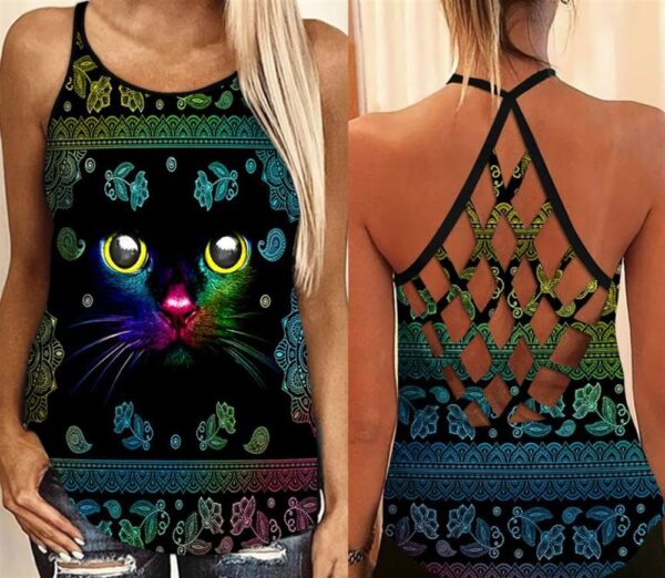 Rainbow Paisley Pattern Black Cat Criss Cross Tank Top – Women Hollow Camisole – Gift For Cat Lover