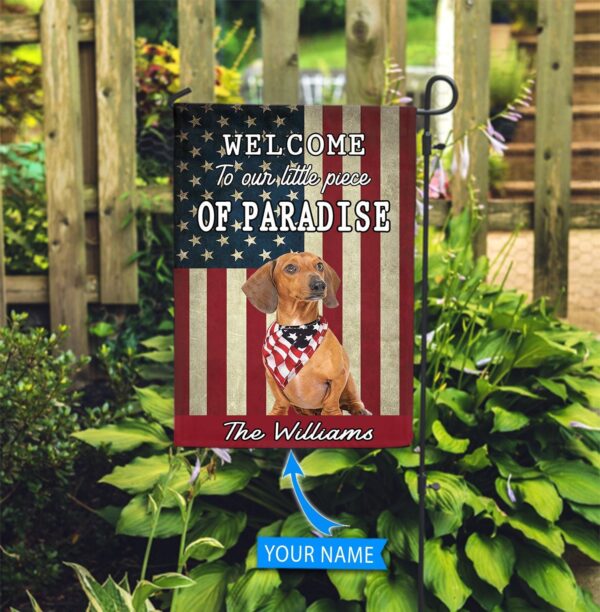 Red Dachshund Welcome To Our Paradise Personalized Flag – Personalized Dog Garden Flags – Dog Flags Outdoor