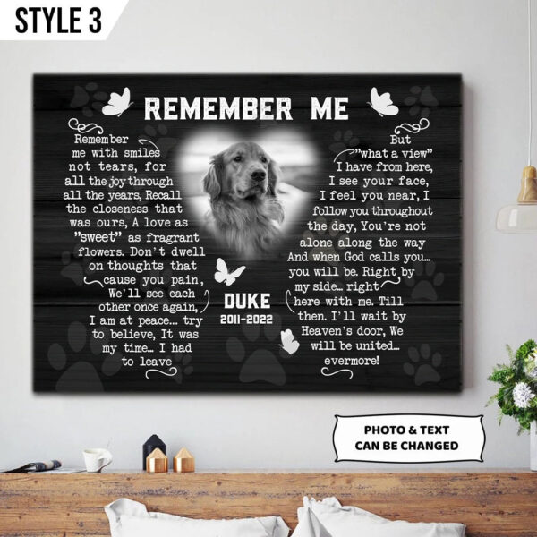 Remember Me With Smiles Not Tears Dog Art On Canvas – Personalized Canvas Poster – Dog Lovers Gifts for Him or Her