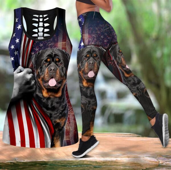 Rottweiler Black With American Flag Combo Leggings And Hollow Tank Top – Workout Sets For Women – Gift For Dog Lovers