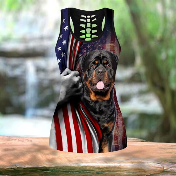 Rottweiler Black With American Flag Combo Leggings And Hollow Tank Top – Workout Sets For Women – Gift For Dog Lovers