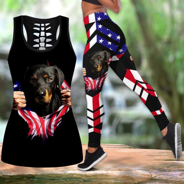 Rottweiler Dog With American Flag Combo Leggings And Hollow Tank Top – Workout Sets For Women – Gift For Dog Lovers