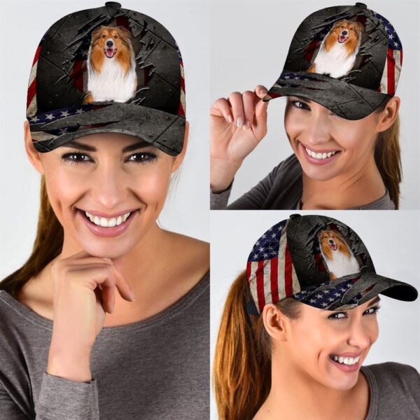 Rough Collie On The American Flag Cap Custom Photo – Hats For Walking With Pets – Gifts Dog Hats For Relatives