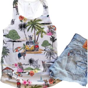 Russian Blue Cat Hawaii Beach Retro Tank Top – Summer Casual Tank Tops For Women – Gift For Young Adults