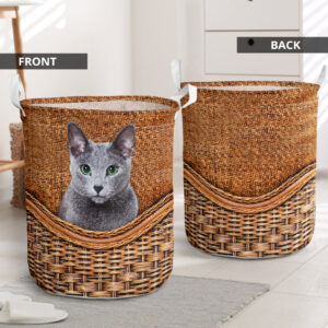 Russian Blue Cat Rattan Texture Laundry Basket – Cat Laundry Basket – Mother Gift – Gift For Cat Lovers