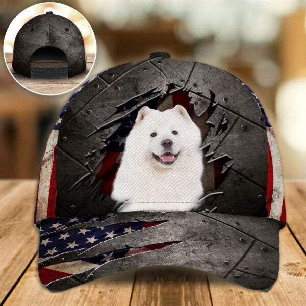 Samoyed On The American Flag Cap Custom Photo – Hats For Walking With Pets – Gifts Dog Hats For Relatives