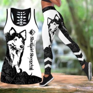 Shetland Sheepdog Black Tattoos Combo Leggings And Hollow Tank Top – Workout Sets For Women – Gift For Dog Lovers