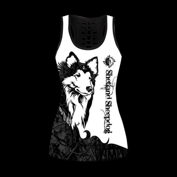 Shetland Sheepdog Black Tattoos Combo Leggings And Hollow Tank Top – Workout Sets For Women – Gift For Dog Lovers