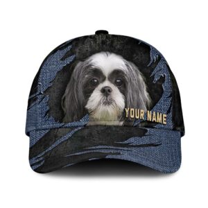 Shih Tzu Jean Background Custom Name & Photo Dog Cap – Classic Baseball Cap All Over Print – Gift For Dog Lovers