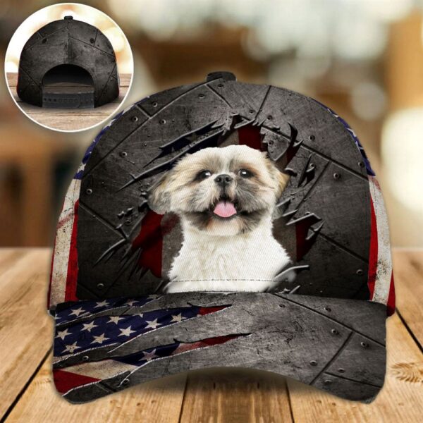 Shih Tzu On The American Flag Cap Custom Photo – Hats For Walking With Pets – Gifts Dog Caps For Friends