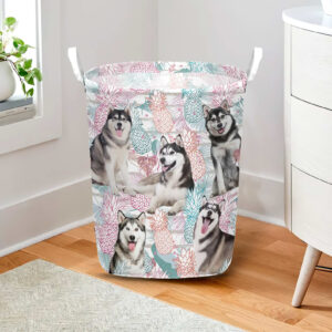Siberian Husky In Summer Tropical With Leaf Seamless Laundry Basket Laundry Hamper Dog Lovers Gifts for Him or Her 2