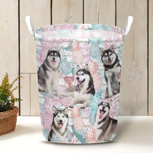 Siberian Husky In Summer Tropical With Leaf Seamless Laundry Basket Laundry Hamper Dog Lovers Gifts for Him or Her 3