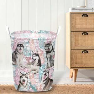 Siberian Husky In Summer Tropical With Leaf Seamless Laundry Basket Laundry Hamper Dog Lovers Gifts for Him or Her 4
