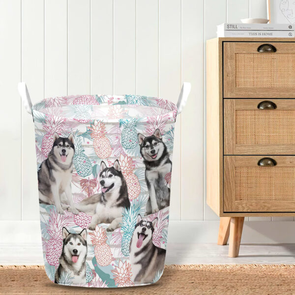 Siberian Husky In Summer Tropical With Leaf Seamless Laundry Basket – Laundry Hamper – Dog Lovers Gifts for Him or Her