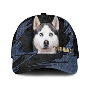 Siberian Husky Jean Background Custom Name Cap Classic Baseball Cap All Over Print Gift For Dog Lovers 1 mzxxen