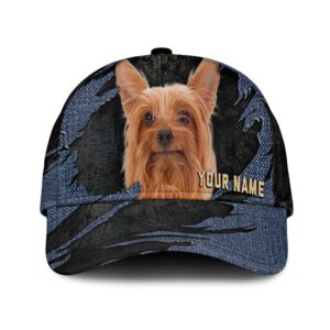 Silky Terrier Jean Background Custom Name Cap Classic Baseball Cap All Over Print Gift For Dog Lovers 1 w8dp0y