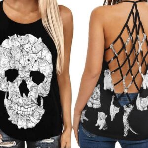 Skull Face With Cat Criss Cross Tank Top – Women Hollow Camisole – Gift For Cat Lover
