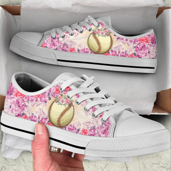Softball And Rose Flower Low Top Shoes – Canvas Print Lowtop Casual Shoes Gift For Adults – Sneaker For Walking