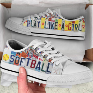 Softball Play Like A Girl License Plates Low Top Shoes Canvas Print Lowtop Trendy Fashion Casual Shoes Gift For Adults 1