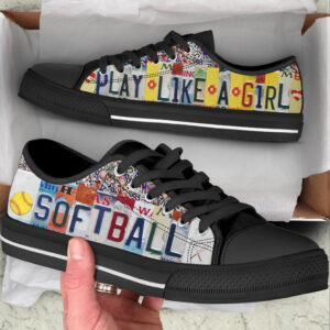 Softball Play Like A Girl License Plates Low Top Shoes Canvas Print Lowtop Trendy Fashion Casual Shoes Gift For Adults 2