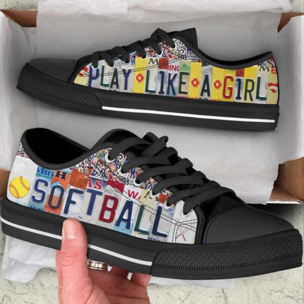 Softball Play Like A Girl License Plates Low Top Shoes – Canvas Print Lowtop Trendy Fashion Casual Shoes Gift For Adults